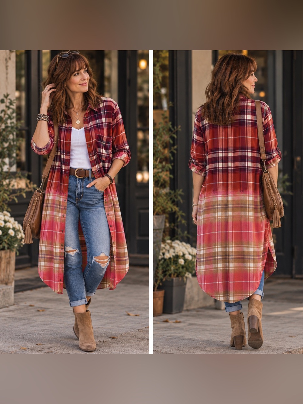 Universal Thread Ombre Plaid Button-Down Shirt Dress in Red, Pink, Tan
